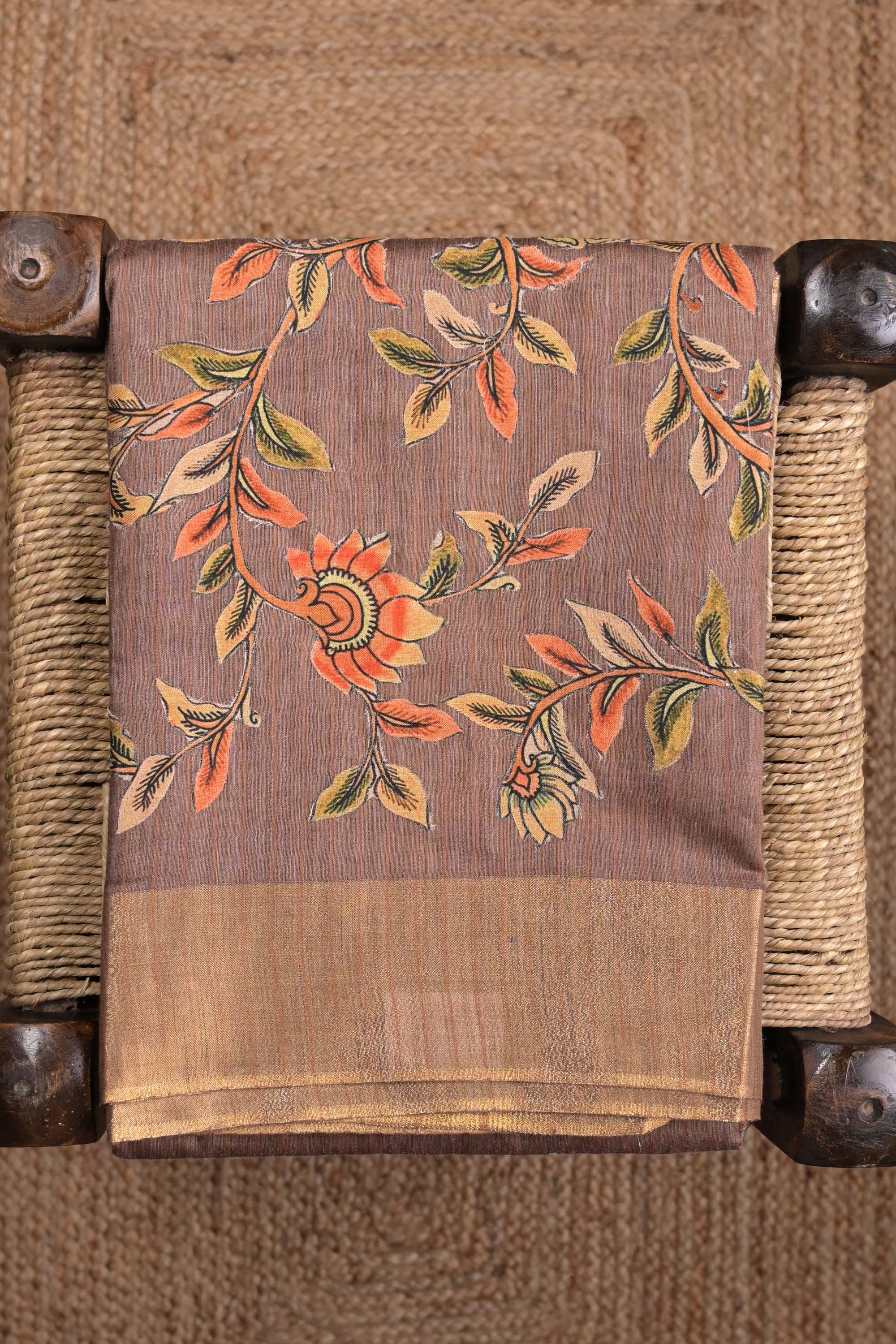 Tussar jute saree brown color with kalamkari prints, big printed pallu, small kaddi border and printed blouse