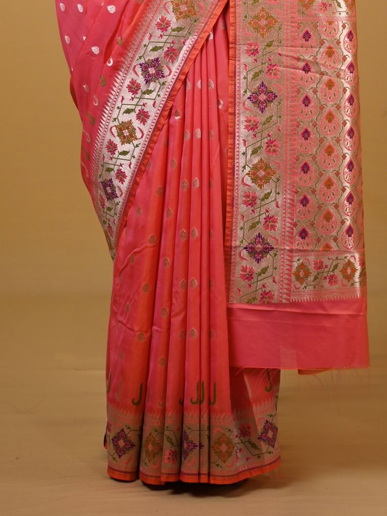 Banaras pattu fancy saree in pink color allover zari motifs and paithani border paired with plain blouse