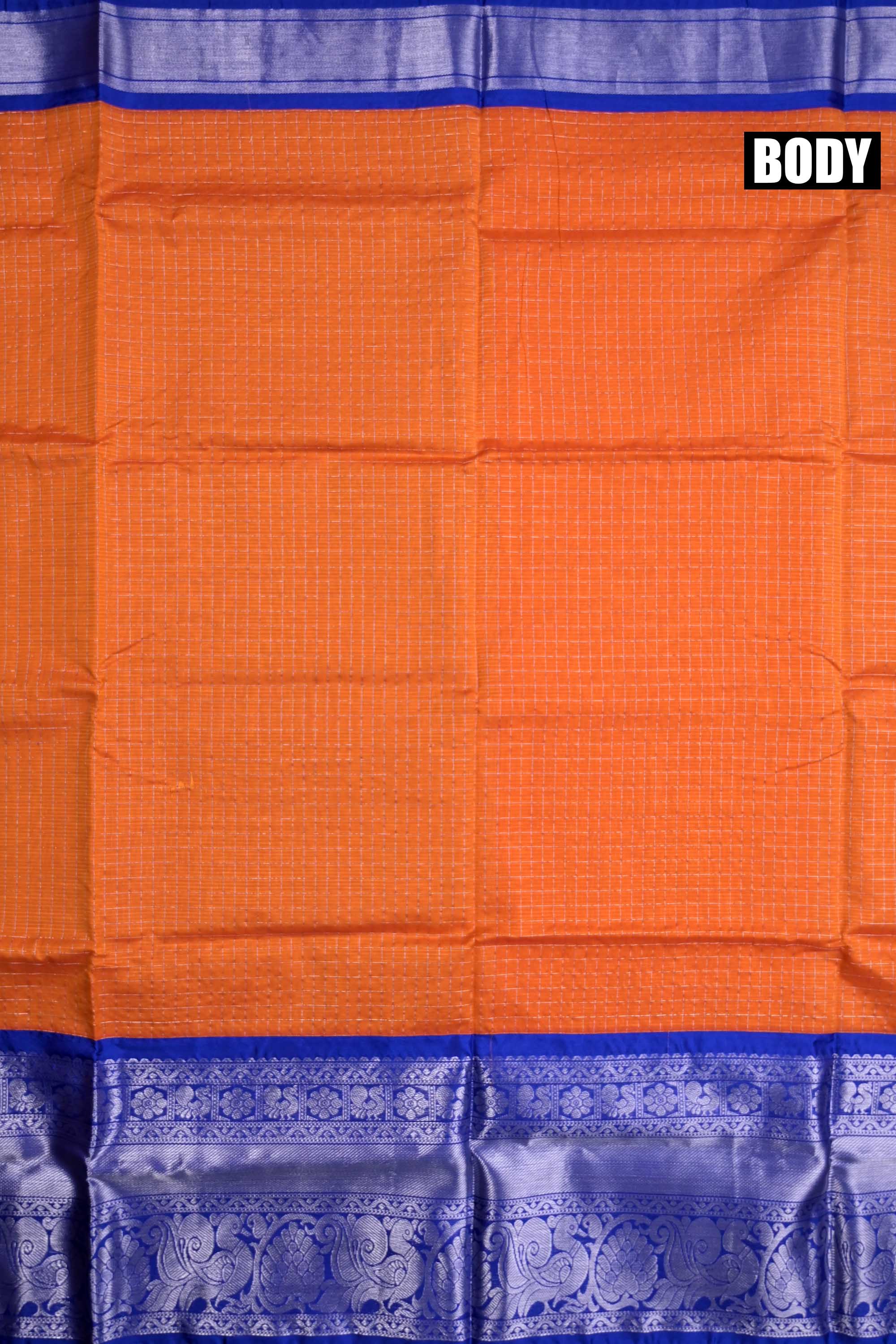 Mangalgiri pattu saree orange and blue color with allover silver zari checks weeving, big zari border and plain blouse