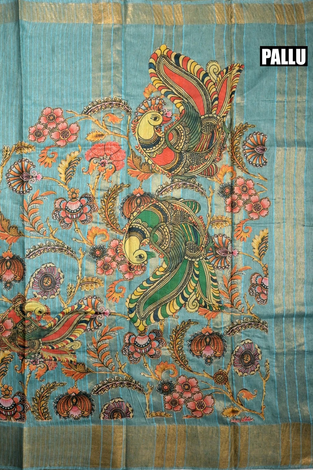 Tussar jute saree sky blue color with kalamkari prints, big printed pallu, small kaddi border and printed blouse