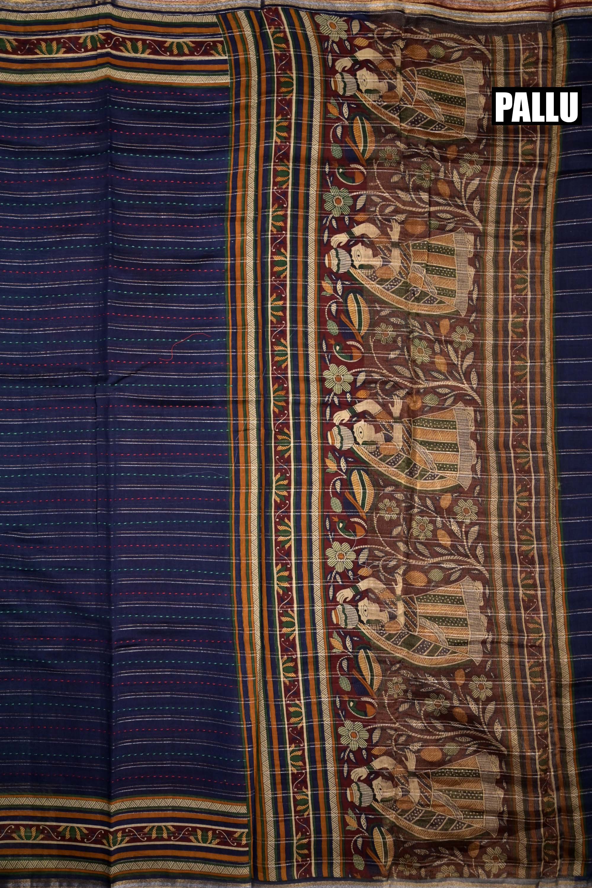 Maheshwari saree navy blue with allover kantha work, small printed border, and contrast blouse