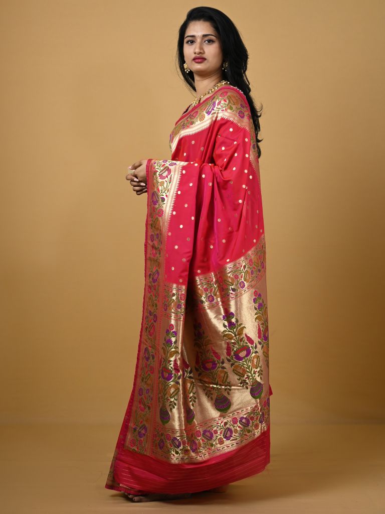 Banaras pattu fancy saree in dark pink color allover zari morifs and paithani border paired with plain blouse