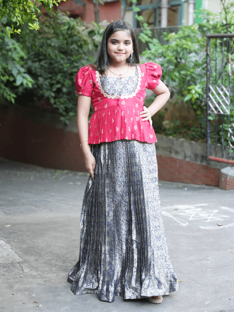 Navy blue and red color banaras lehenga