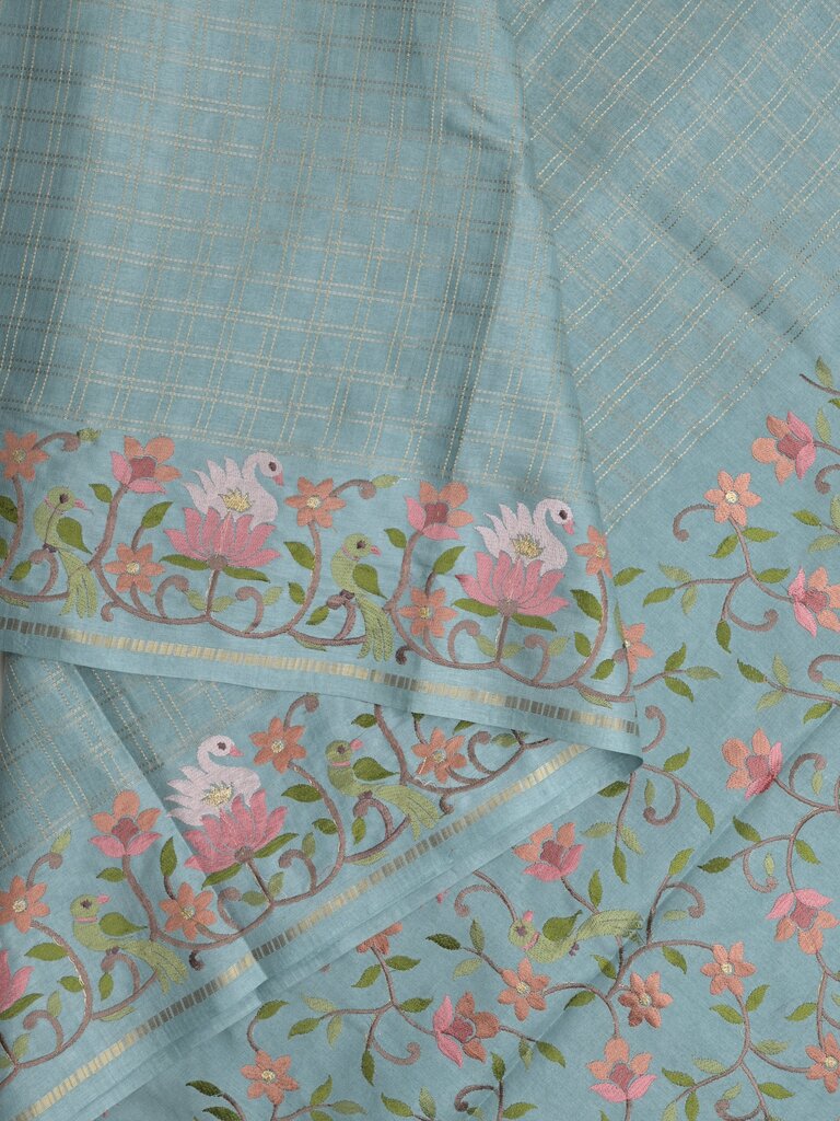 Tussar fancy saree allover checks with embroidery border and attached blouse