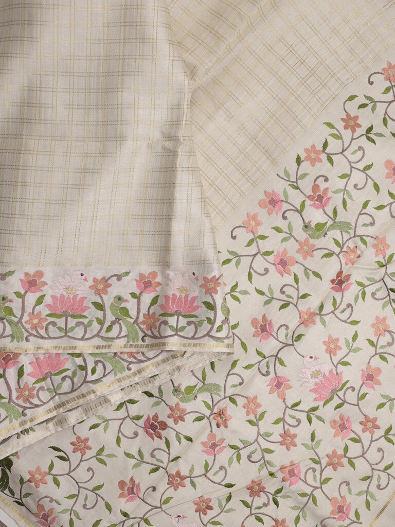 Tussar fancy saree allover checks with embroidery border and attached blouse