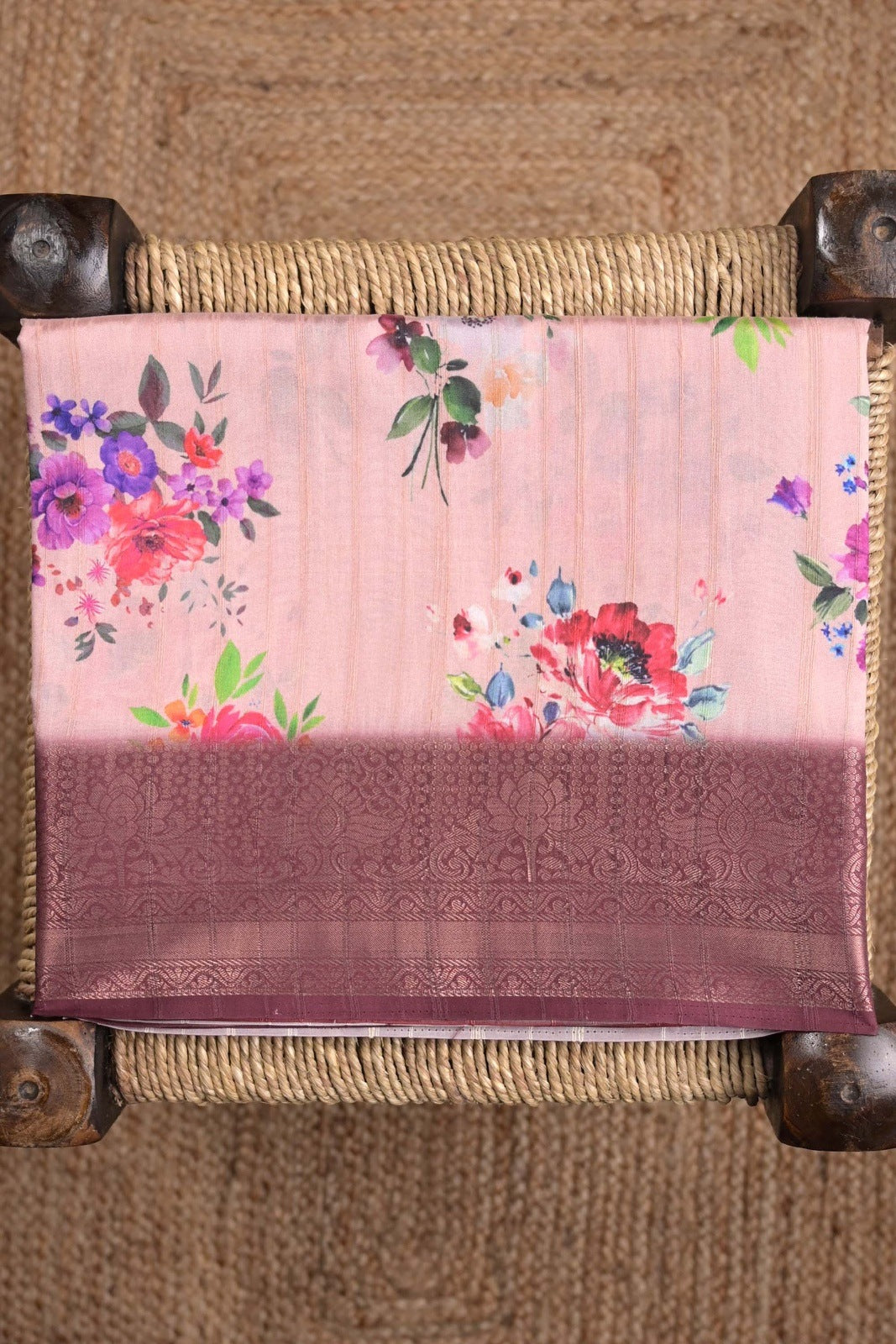 Tussar silk saree peach and purple with allover floral prints, small zari border and printed blouse