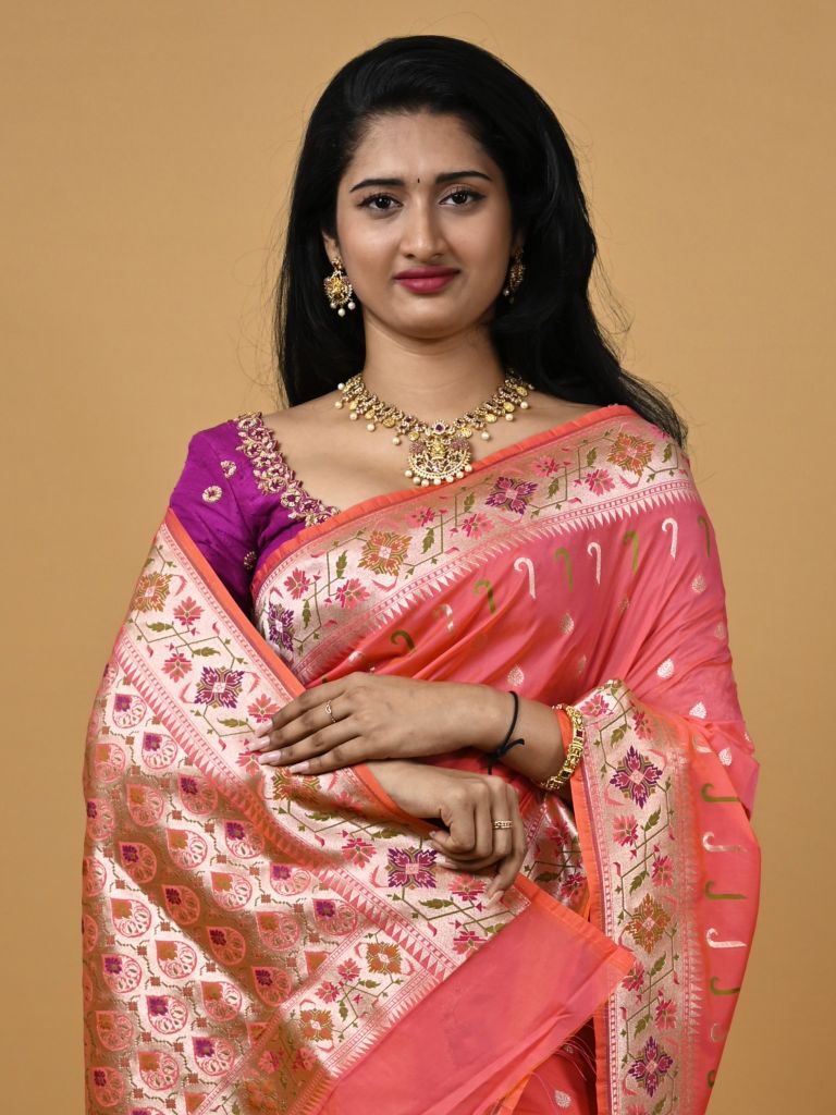 Banaras pattu fancy saree in pink color allover zari motifs and paithani border paired with plain blouse