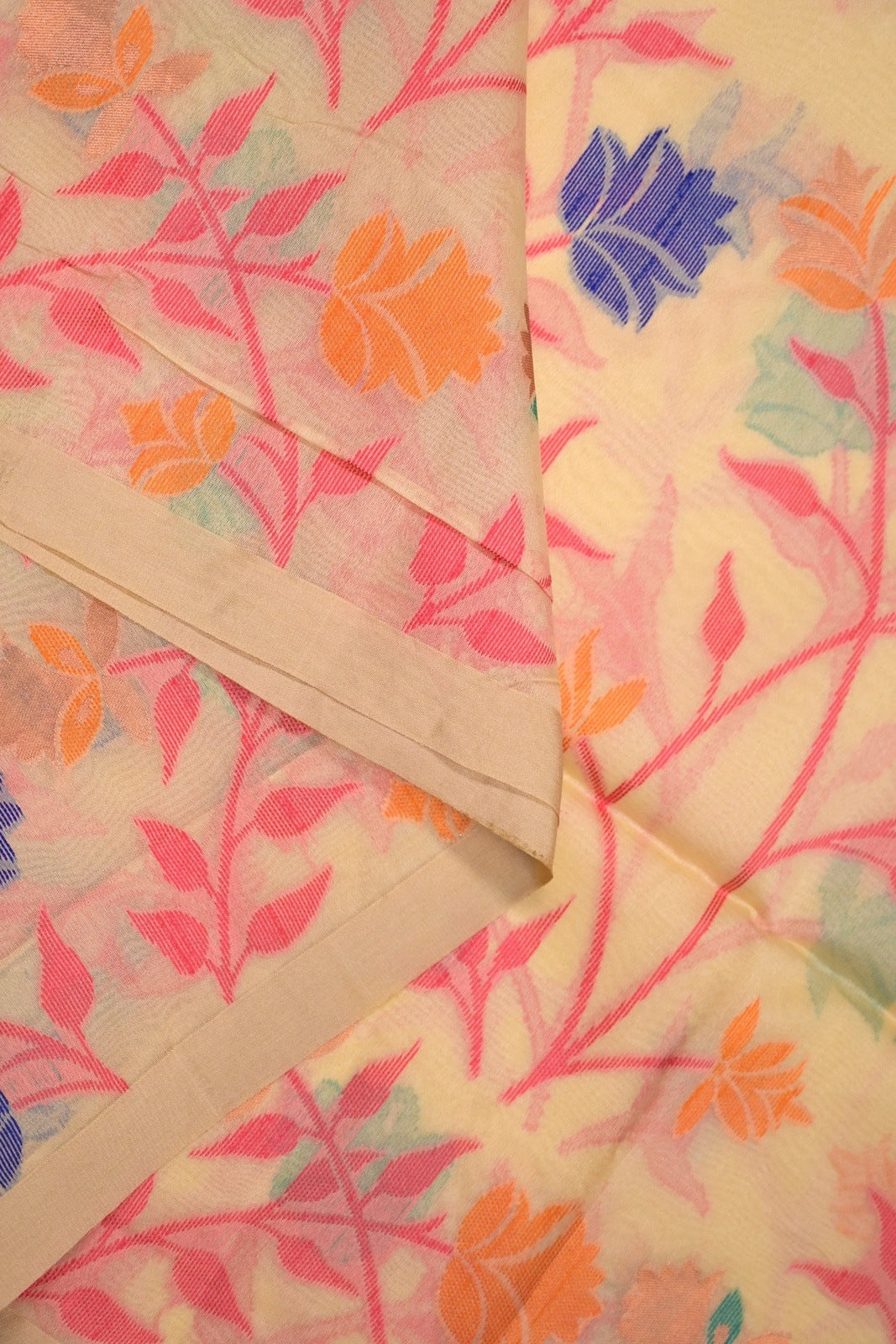 Muslin silk saree cream colour with allover thread embroidery, small border, and plain blouse
