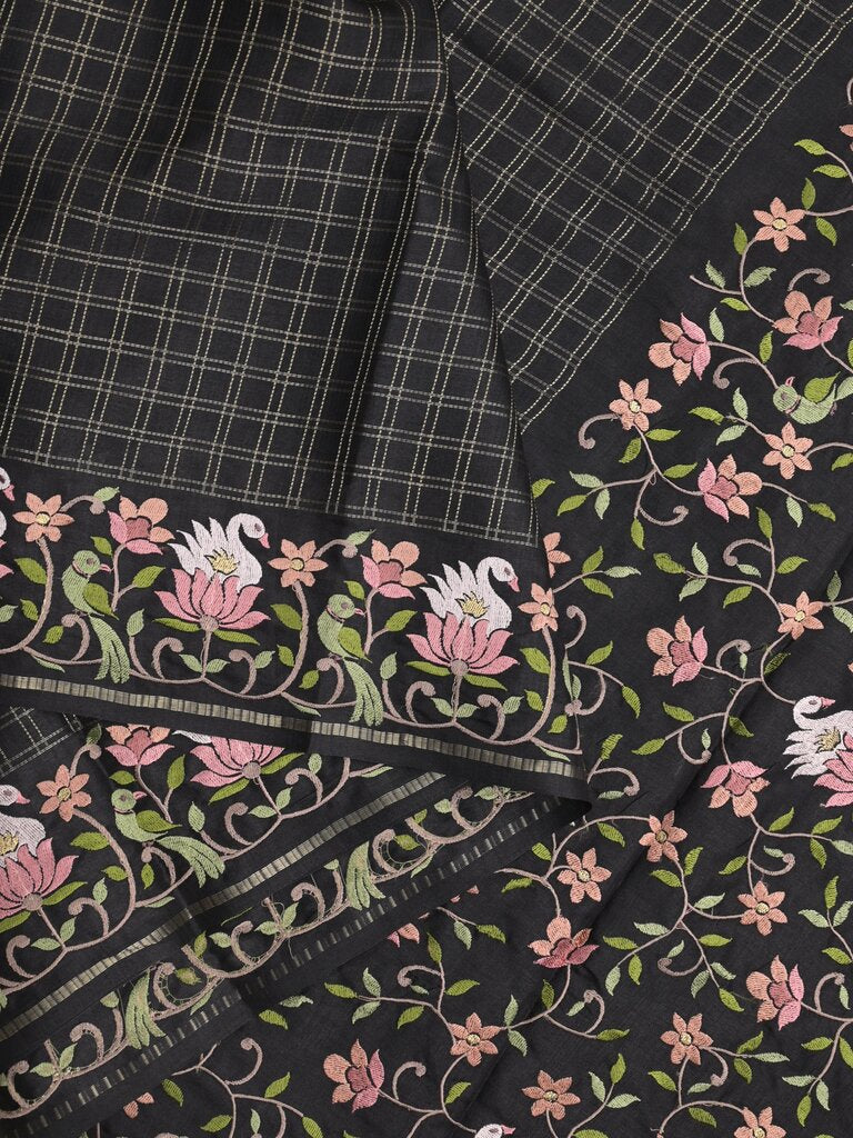 Tussar fancy saree allover checks with embroidery border and attached blouse