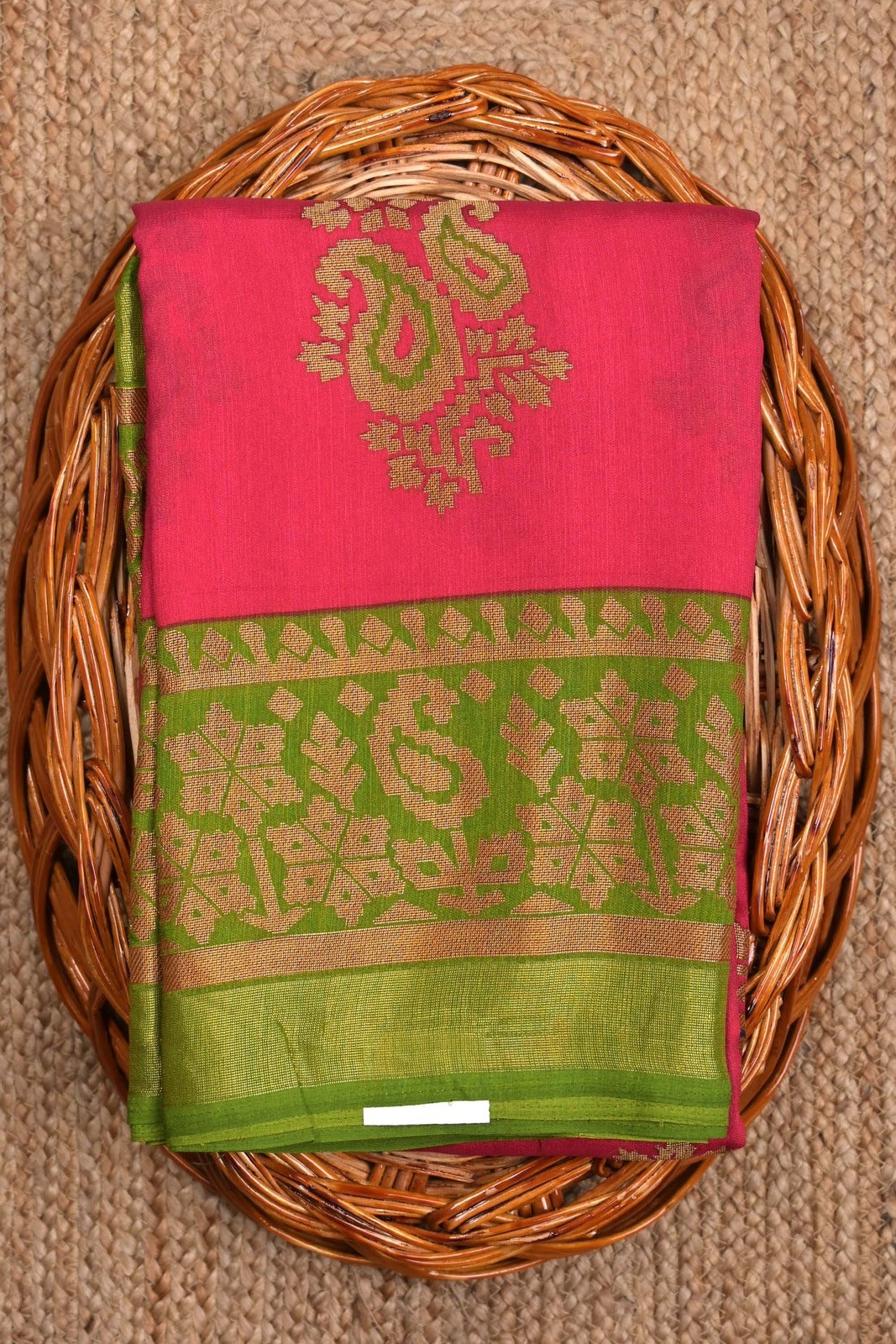Soft jute saree pink and green color allover prints with contrast border and brocade blouse