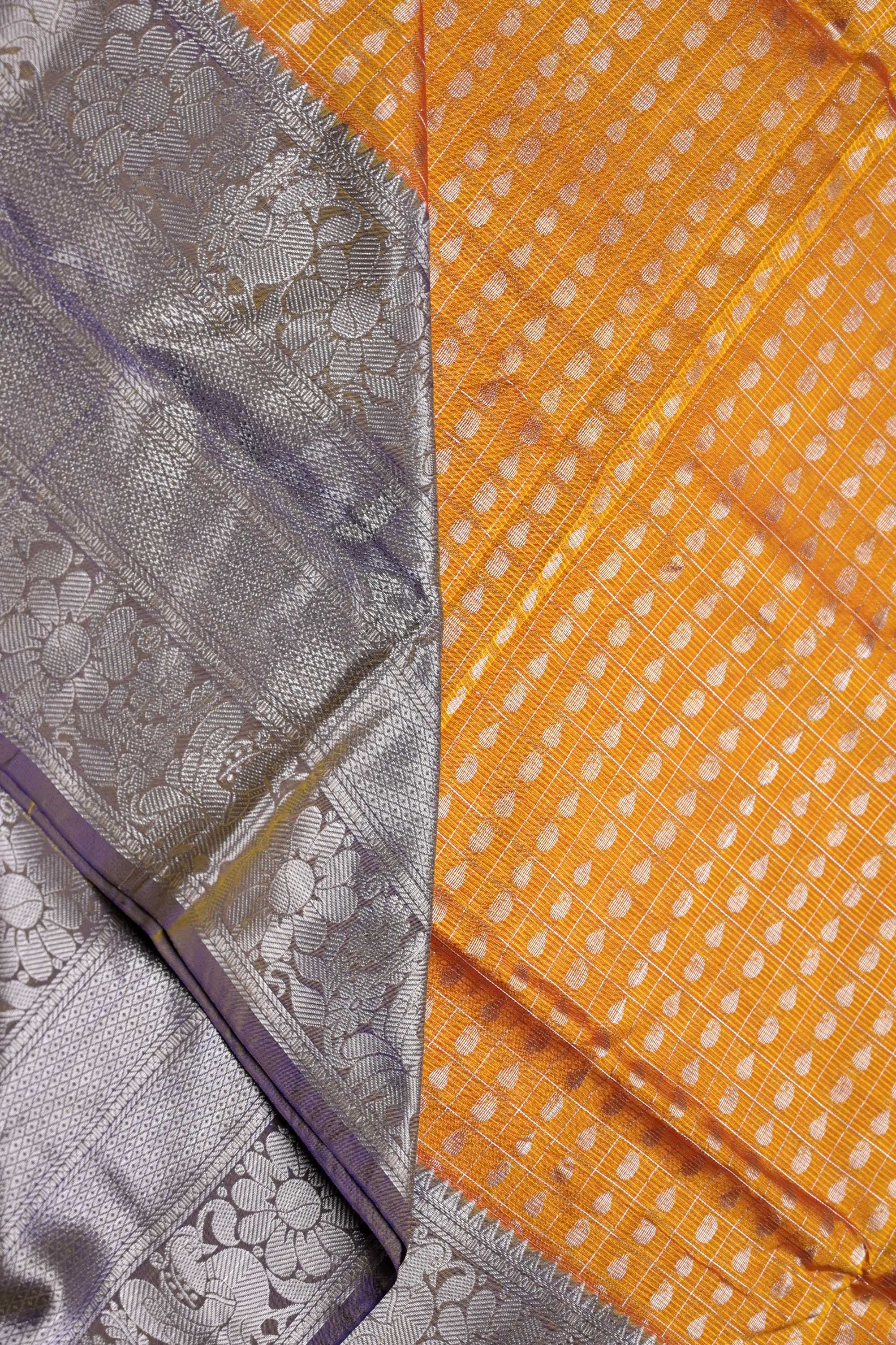 Mangalgiri pattu saree yelllow and blue with allover checks with silver zari motives, big zari border and plain blouse
