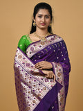 Banaras pattu fancy saree in blue color allover zari motifs and paithani border paired with plain blouse