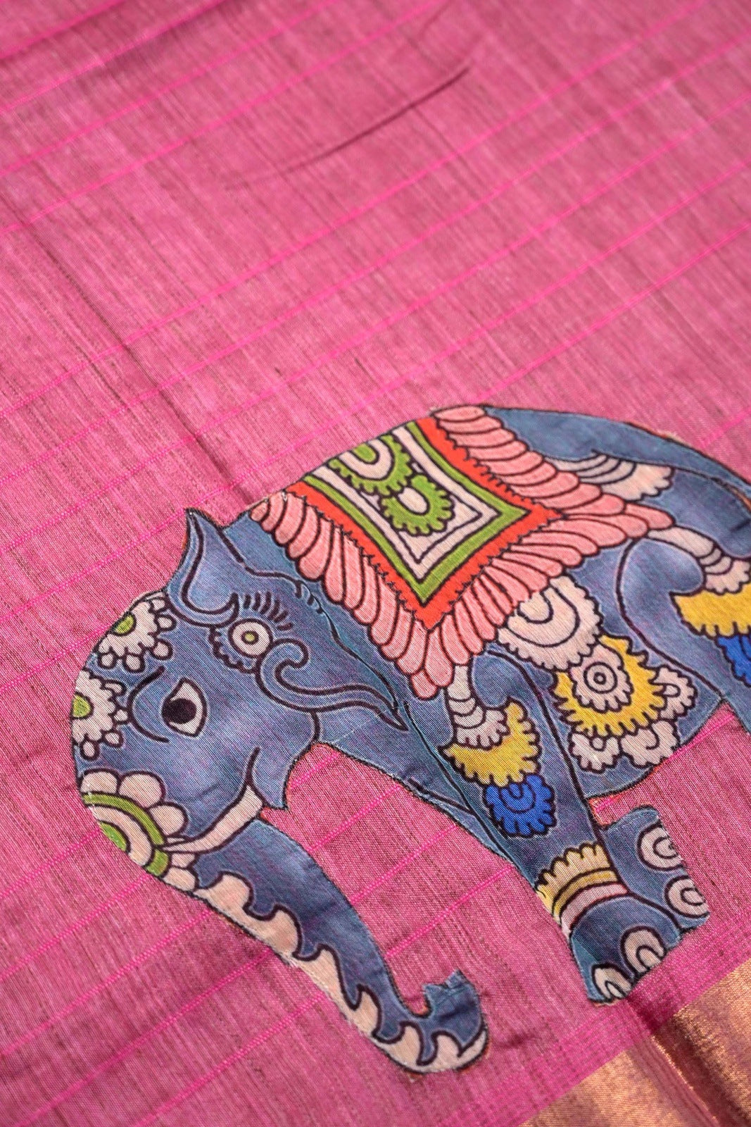Tussar jute saree light pink color with kalamkari prints, big printed pallu, small kaddi border and printed blouse