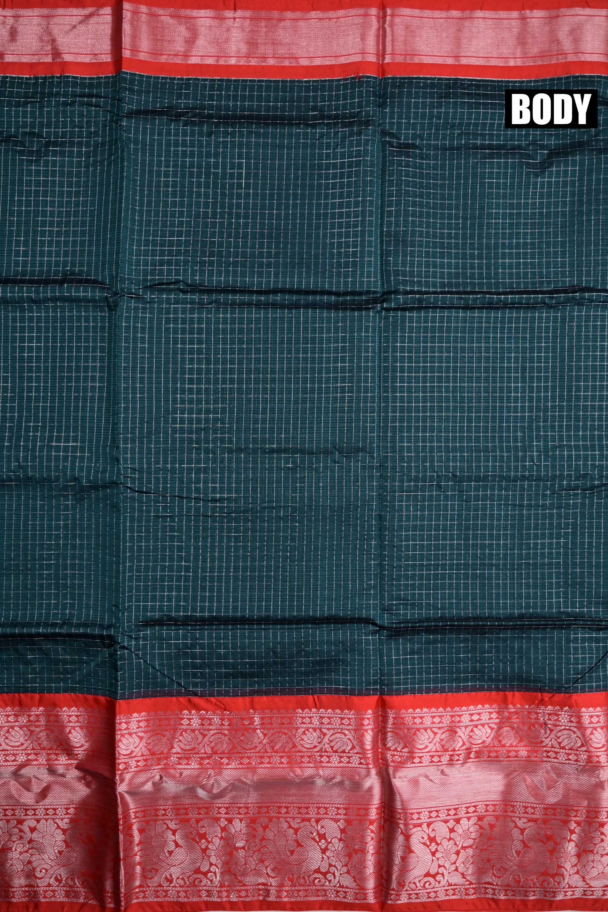 Mangalgiri pattu saree green and red color with allover silver zari checks weeving, big zari border and plain blouse