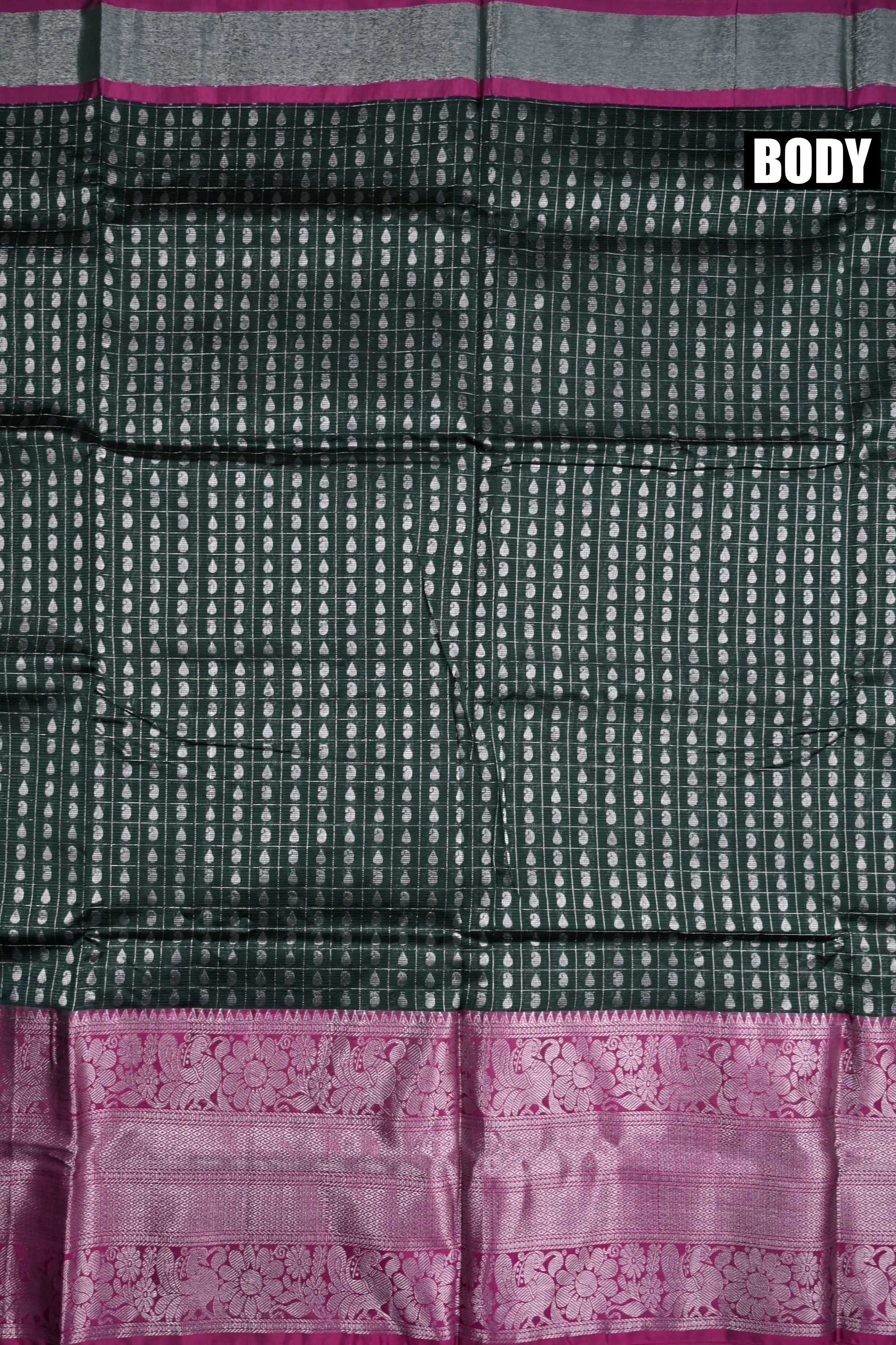 Mangalgiri pattu saree green and pink with allover checks with silver zari motives, big zari border and plain blouse