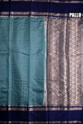 Banaras silk saree light blue and navy blue with allover gold zari checks weaves, big zari gap border, and brocade blouse