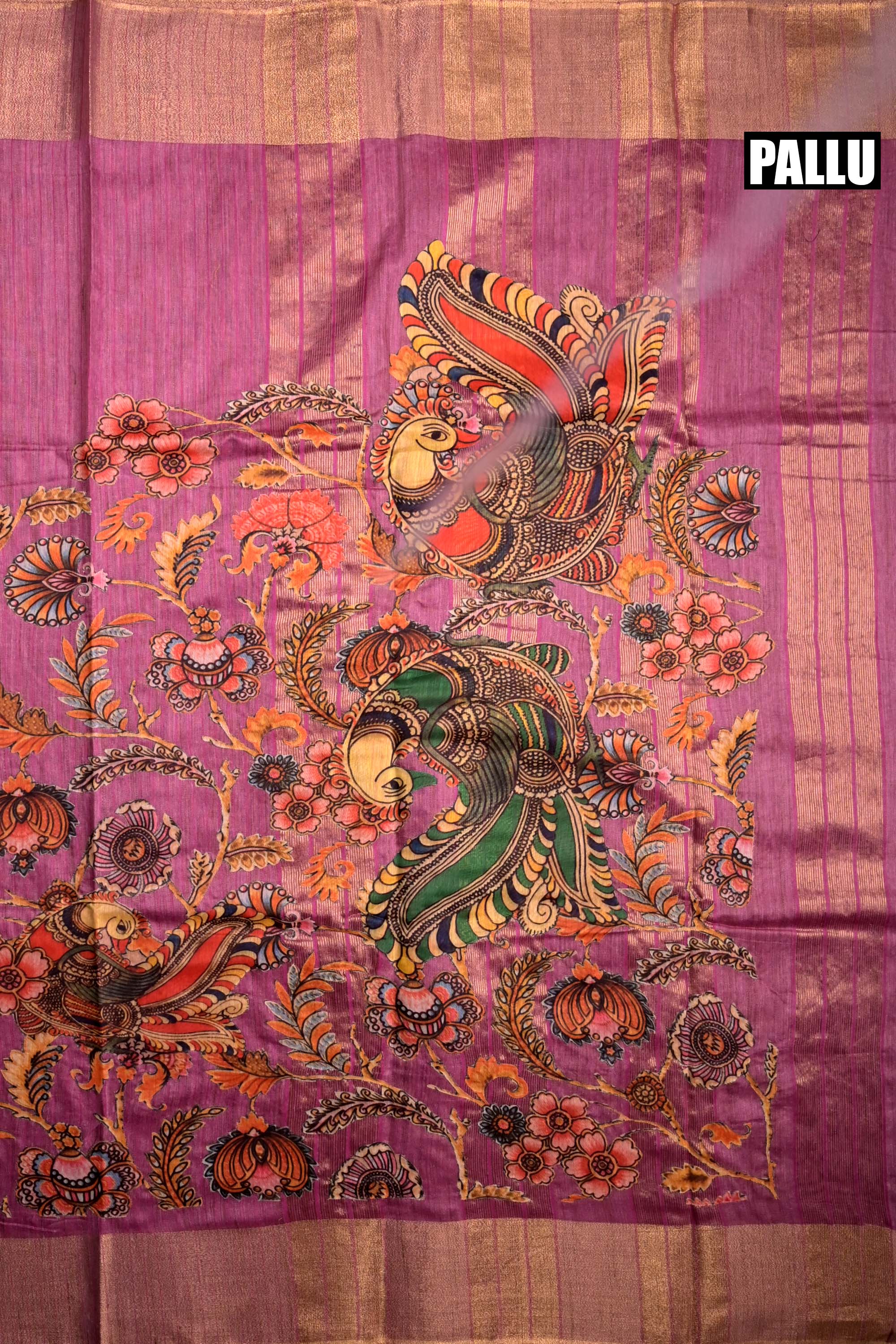 Tussar jute saree pink color with kalamkari prints, big printed pallu, small kaddi border and printed blouse