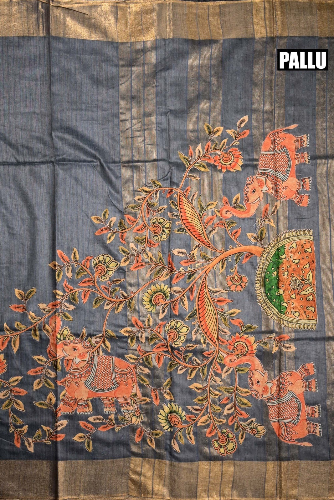Tussar jute saree grey color with kalamkari prints, big printed pallu, small kaddi border and printed blouse