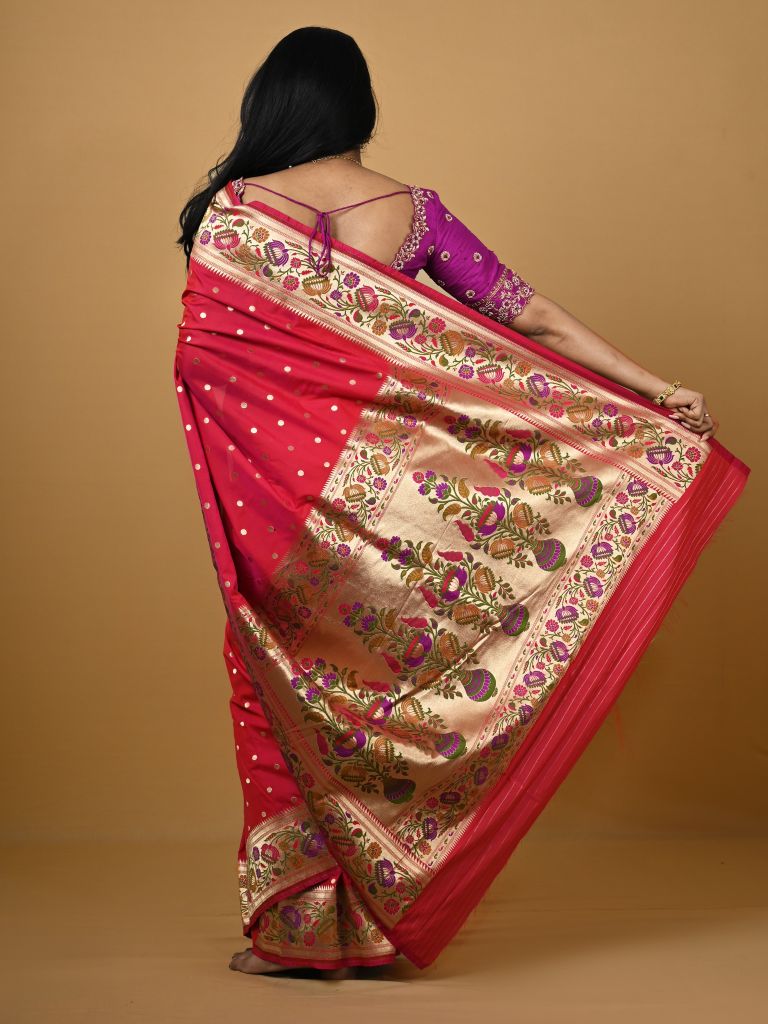 Banaras pattu fancy saree in dark pink color allover zari morifs and paithani border paired with plain blouse