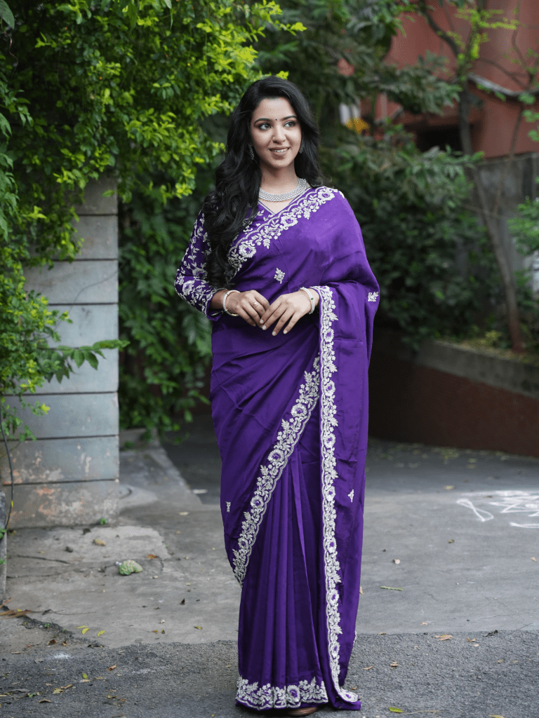 Tabby silk fancy saree dark blue color allover embroidery motifs & fancy border with running pallu and self blouse