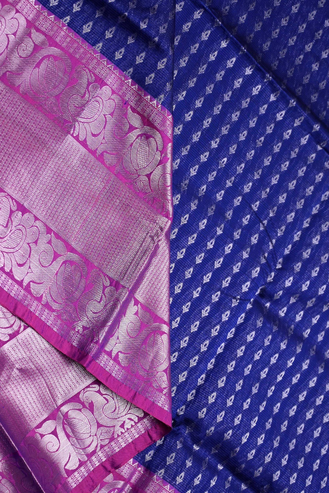 Mangalgiri pattu saree blue and pink color with silver zari motive weaves, big zari border and plain blouse