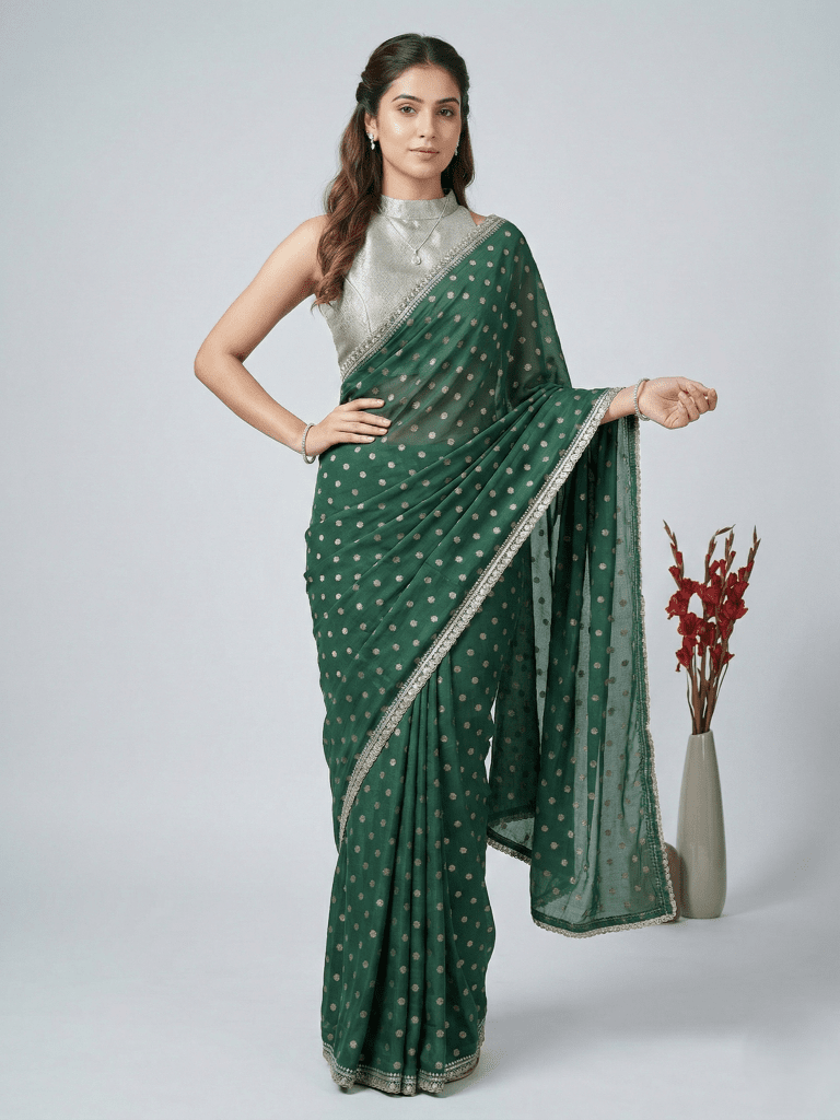Chinnon fancy saree dark green color allover motifs & embroidery border with running pallu and contrast blouse