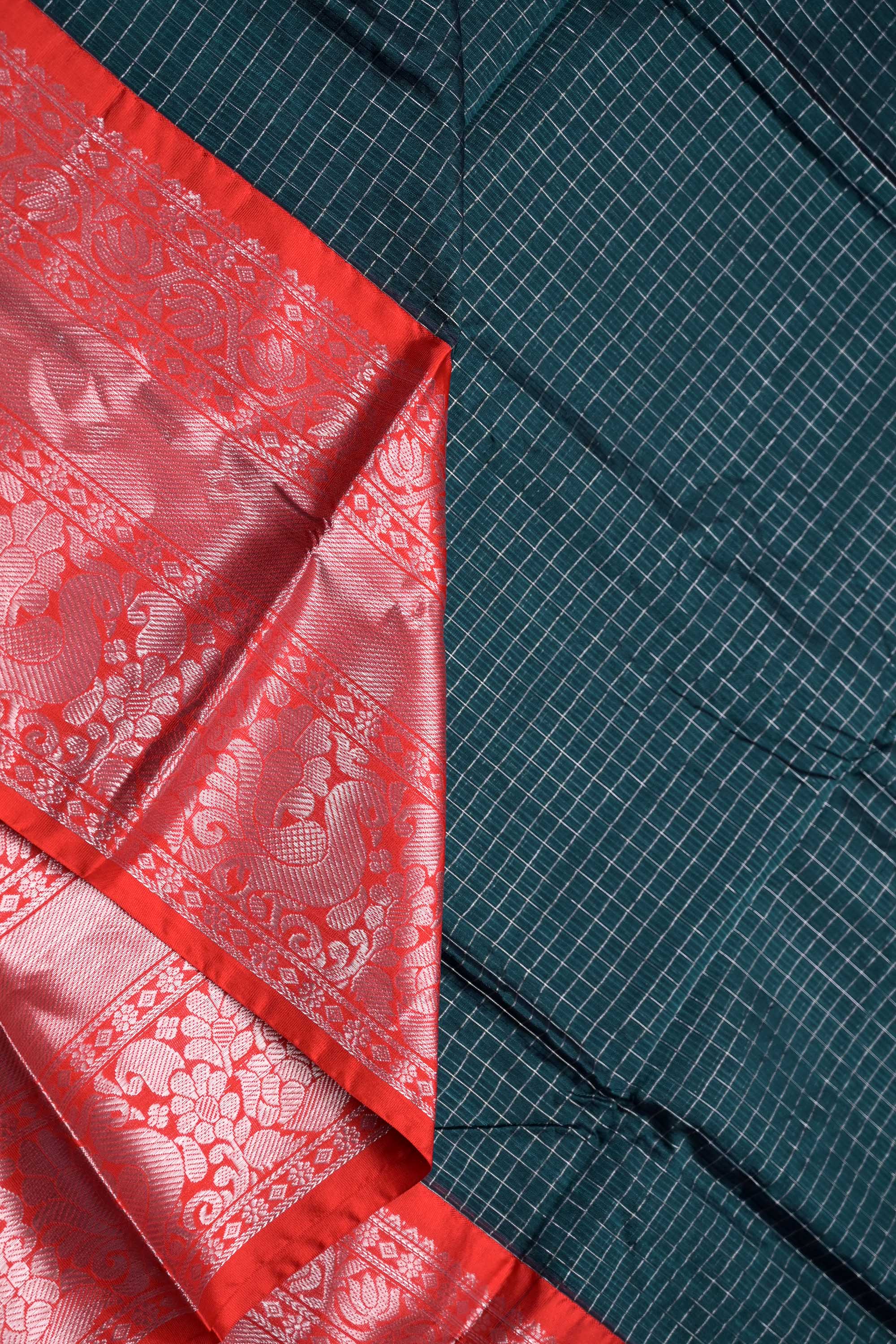 Mangalgiri pattu saree green and red color with allover silver zari checks weeving, big zari border and plain blouse