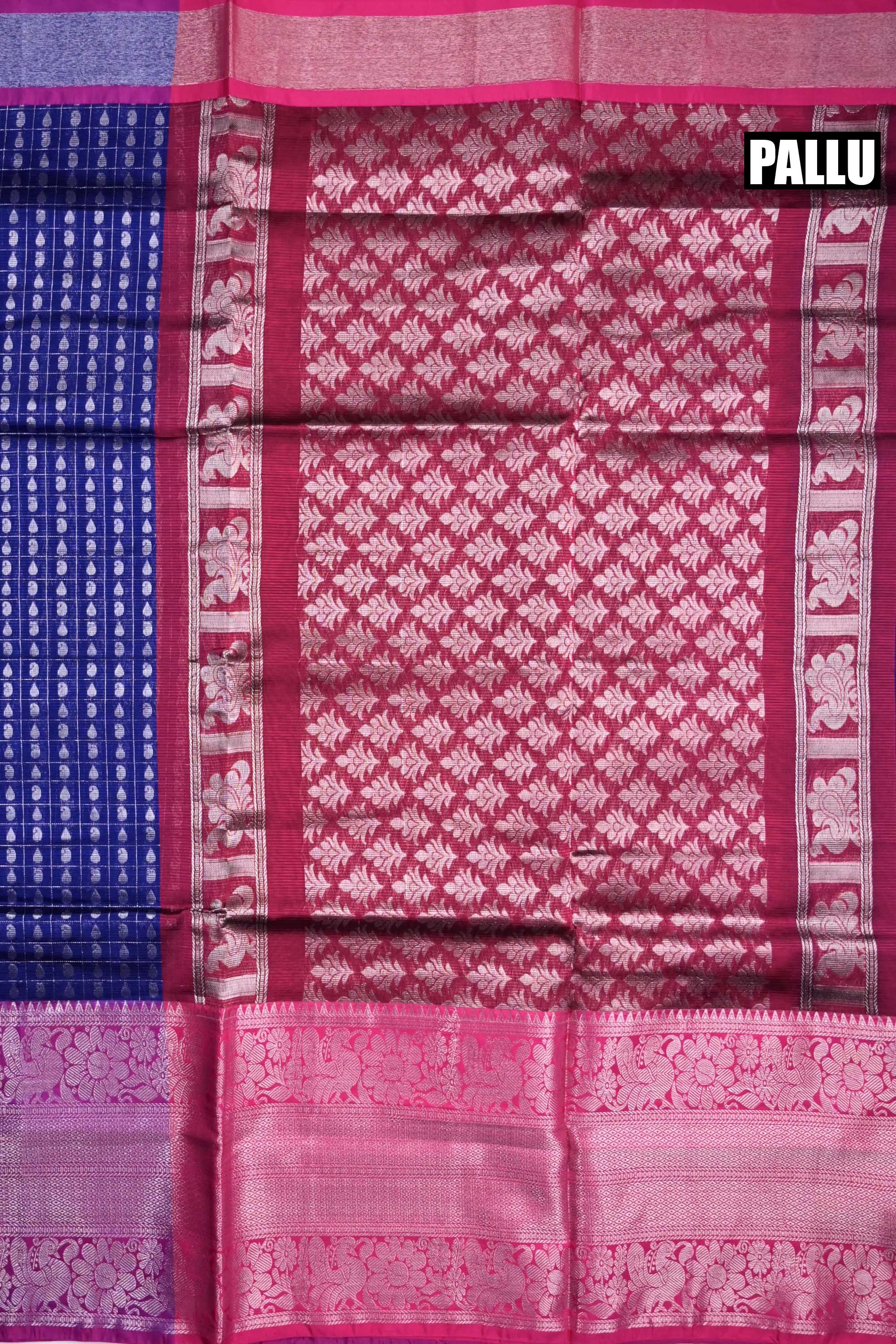 Mangalgiri pattu saree blue and pink with allover checks with silver zari motives, big zari border and plain blouse