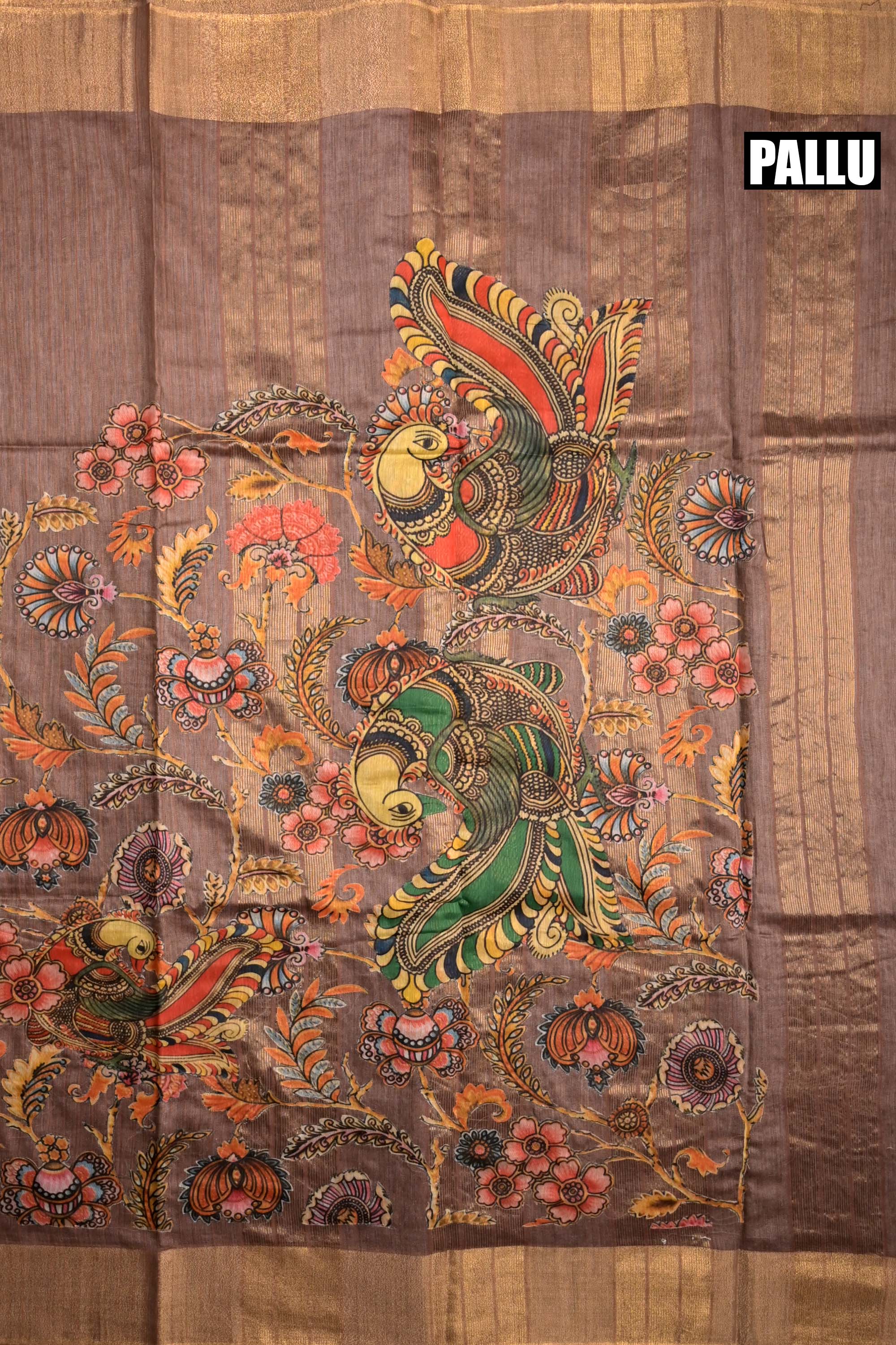 Tussar jute saree light brown color with kalamkari prints, big printed pallu, small kaddi border and printed blouse