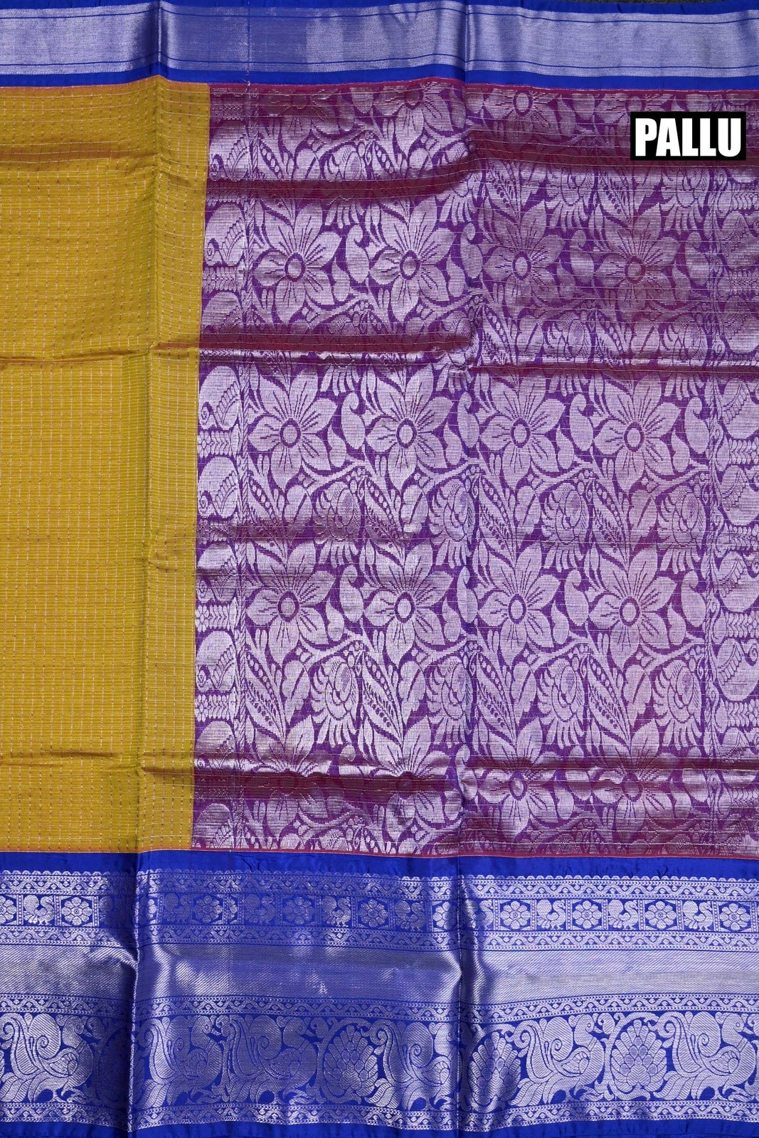 Mangalgiri pattu saree olive green and blue color with allover silver zari checks weeving, big zari border and plain blouse