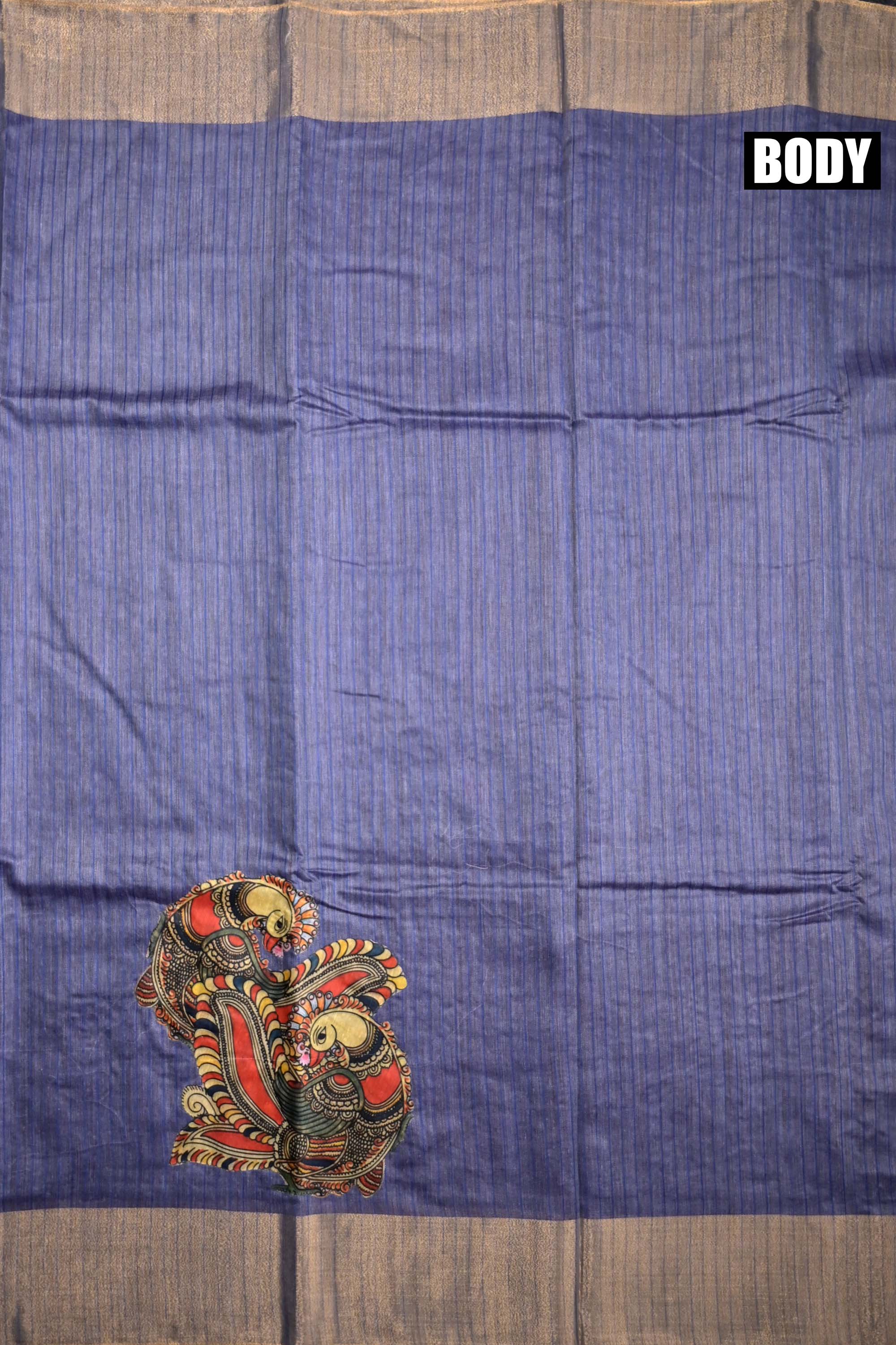 Tussar jute saree light blue color with kalamkari prints, big printed pallu, small kaddi border and printed blouse