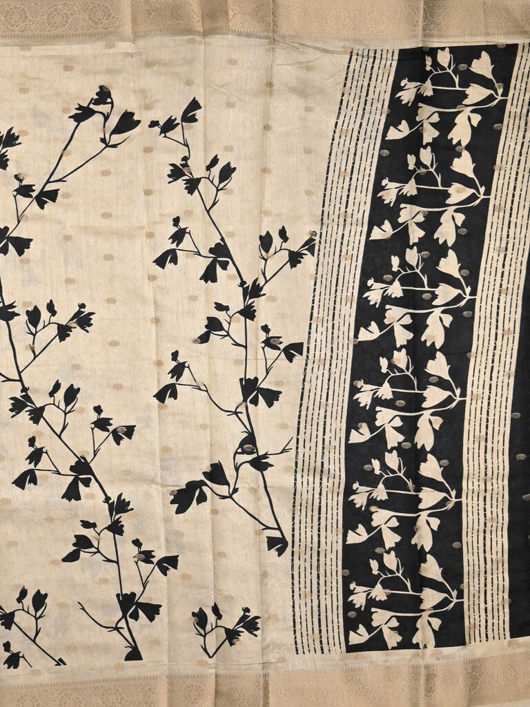Dola silk fancy saree light cream color allover prints & zari border with printed pallu and printed blouse