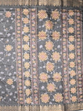 Dola silk fancy saree grey color allover prints & zari border with printed pallu and printed blouse