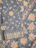 Dola silk fancy saree grey color allover prints & zari border with printed pallu and printed blouse