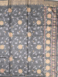 Dola silk fancy saree grey color allover prints & zari border with printed pallu and printed blouse