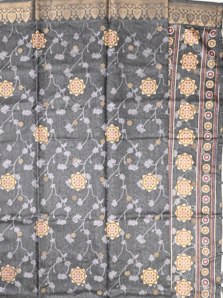 Dola silk fancy saree grey color allover prints & zari border with printed pallu and printed blouse