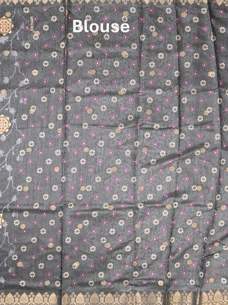 Dola silk fancy saree grey color allover prints & zari border with printed pallu and printed blouse
