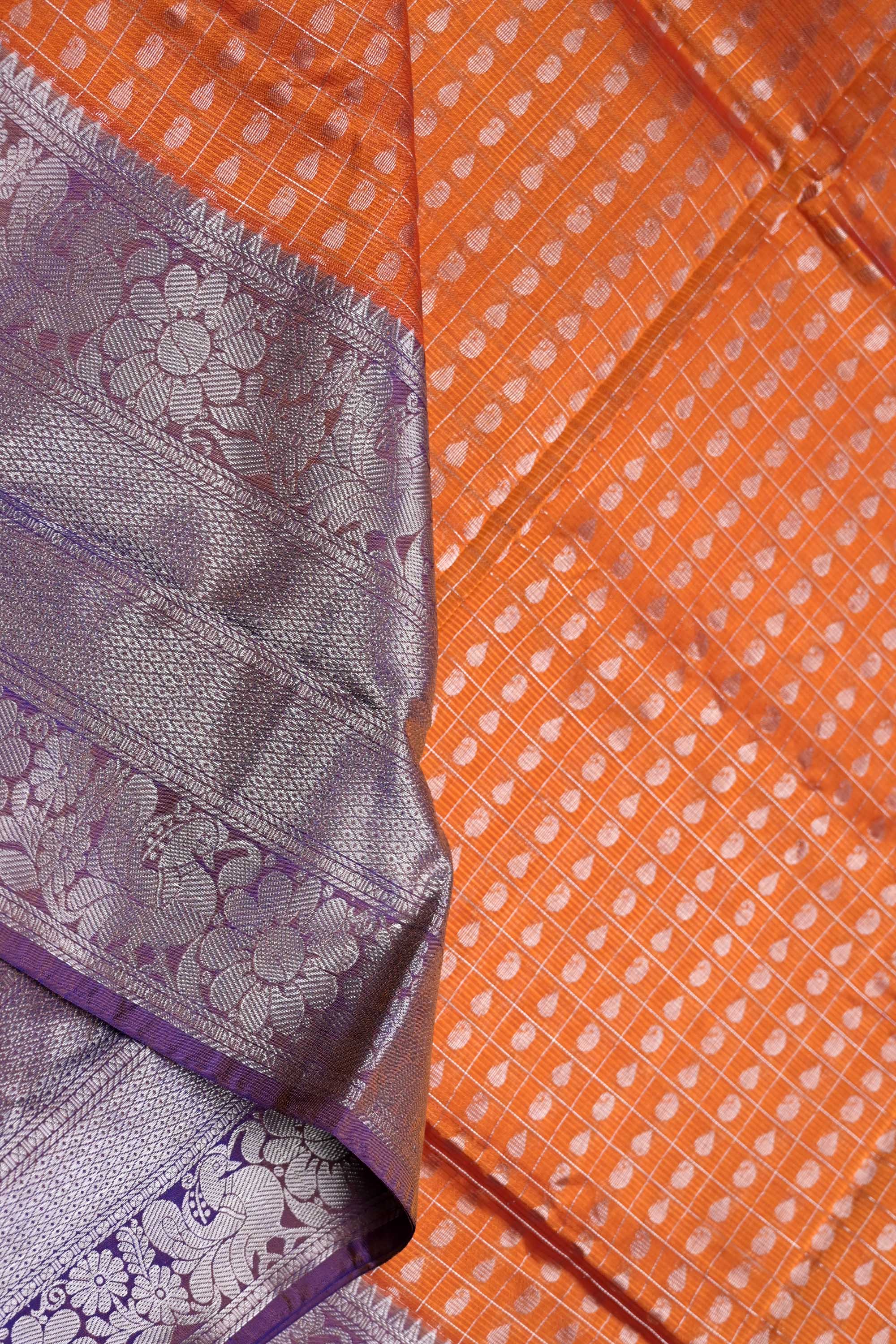 Mangalgiri pattu saree orange and purple with allover checks with silver zari motives, big zari border and plain blouse