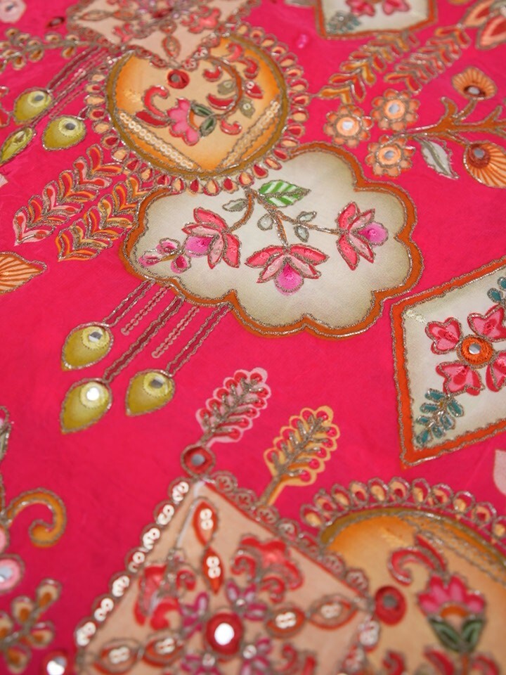 FABRIC ONLY Pink color crape fabric with allover embroidery - per meter
