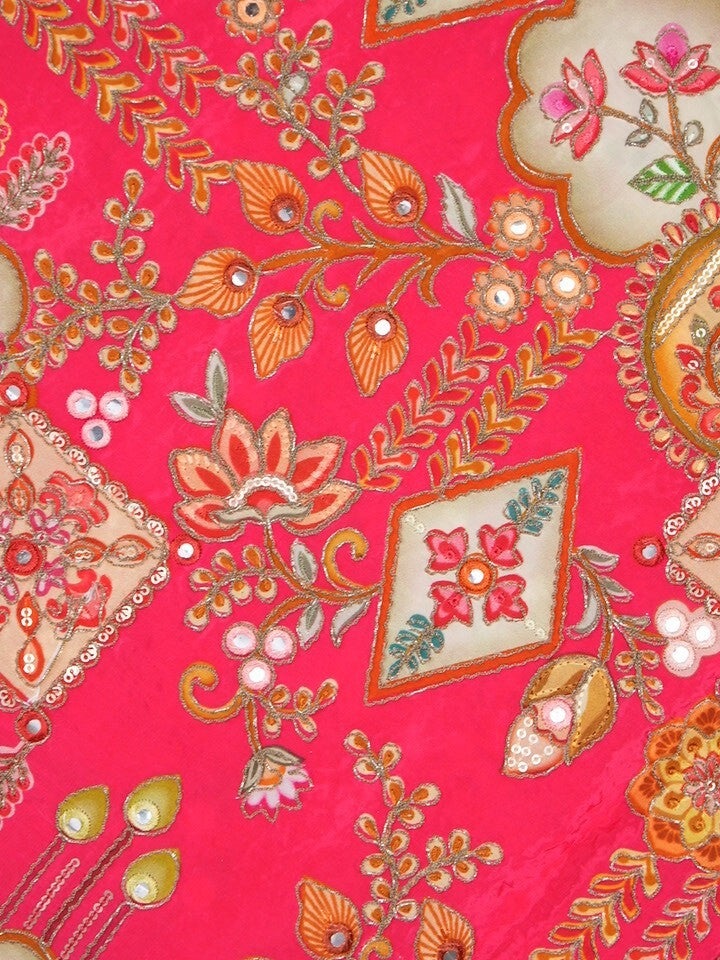 FABRIC ONLY Pink color crape fabric with allover embroidery - per meter
