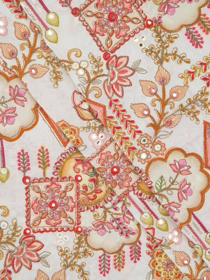 FABRIC ONLY White color crape fabric with allover embroidery - per meter