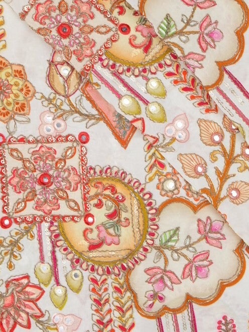 FABRIC ONLY White color crape fabric with allover embroidery - per meter