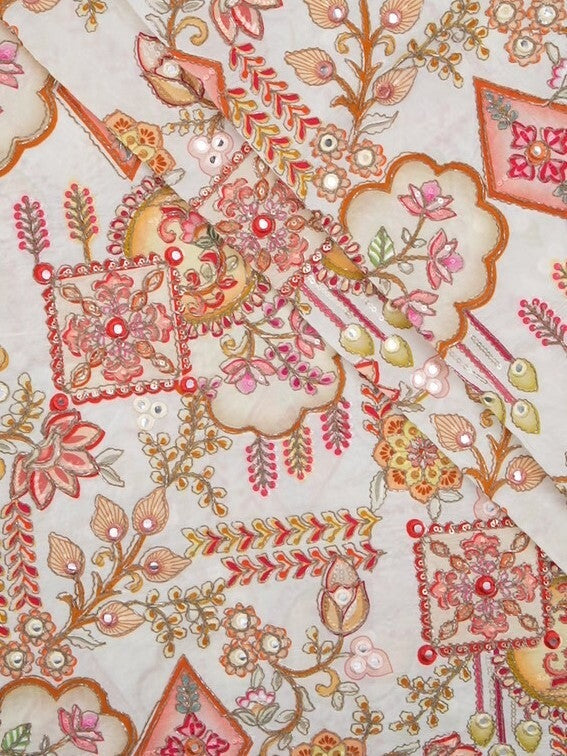 FABRIC ONLY White color crape fabric with allover embroidery - per meter
