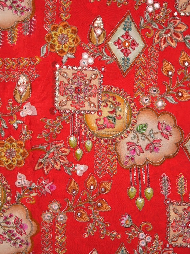 FABRIC ONLY Orange color crape fabric with allover embroidery - per meter