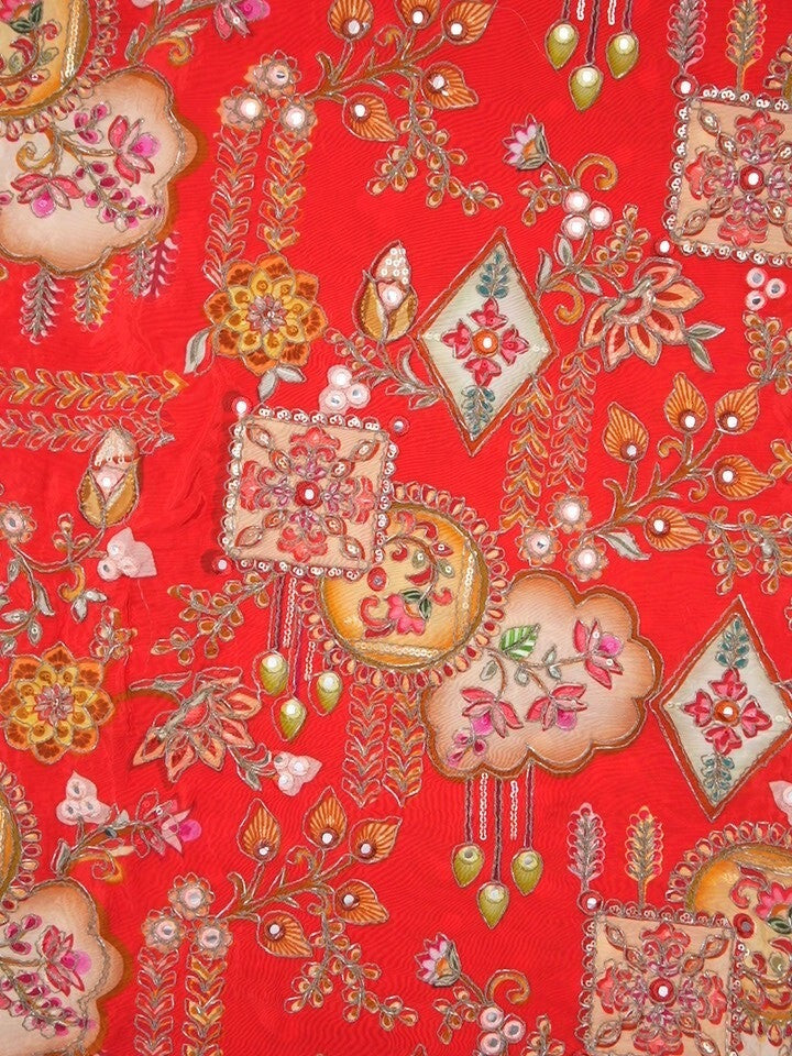 FABRIC ONLY Orange color crape fabric with allover embroidery - per meter