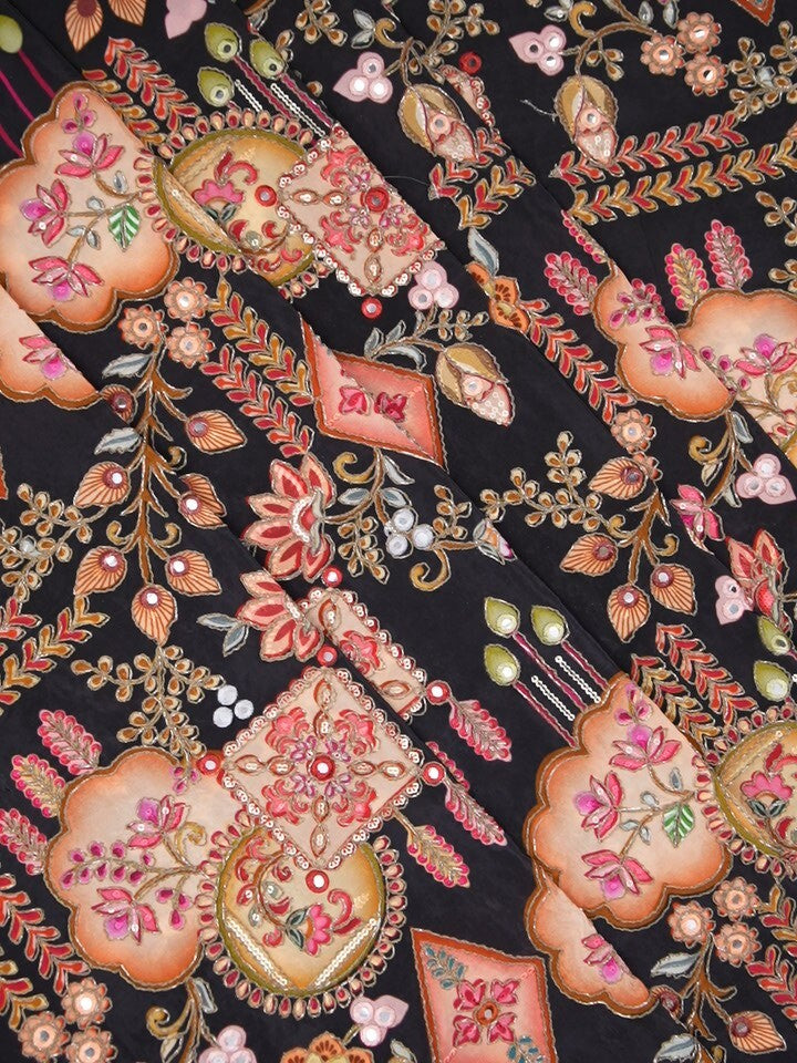 FABRIC ONLY Black color crape fabric with allover embroidery - per meter