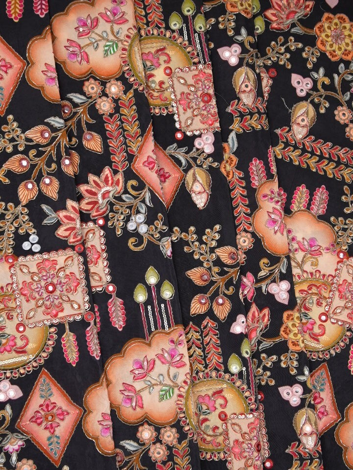 FABRIC ONLY Black color crape fabric with allover embroidery - per meter