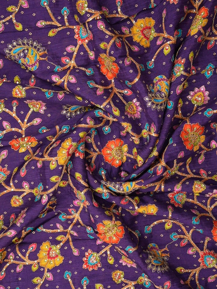 FABRIC ONLY Violet color katha silk fabric with allover embroidery - per meter