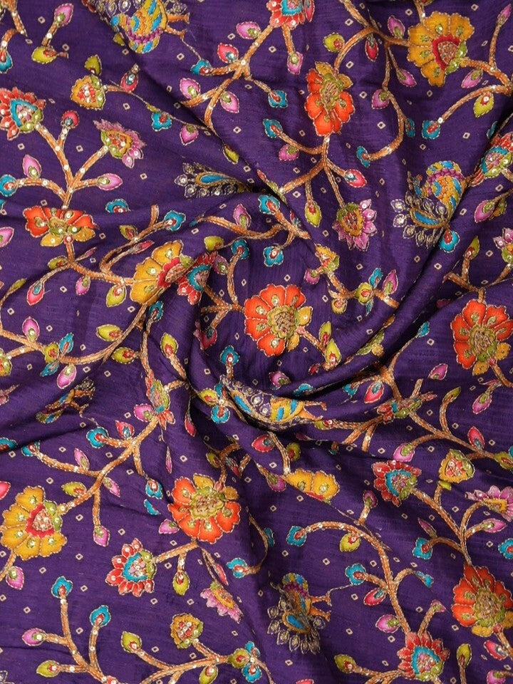 FABRIC ONLY Violet color katha silk fabric with allover embroidery - per meter