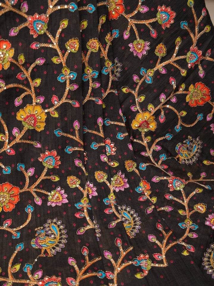FABRIC ONLY Black color katha silk fabric with allover embroidery - per meter